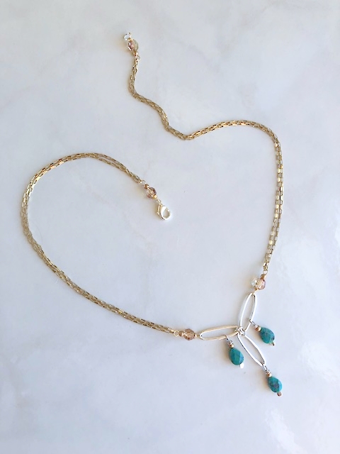 A Brushed Sterling Oval, Gold Chain, Turquoise Necklace